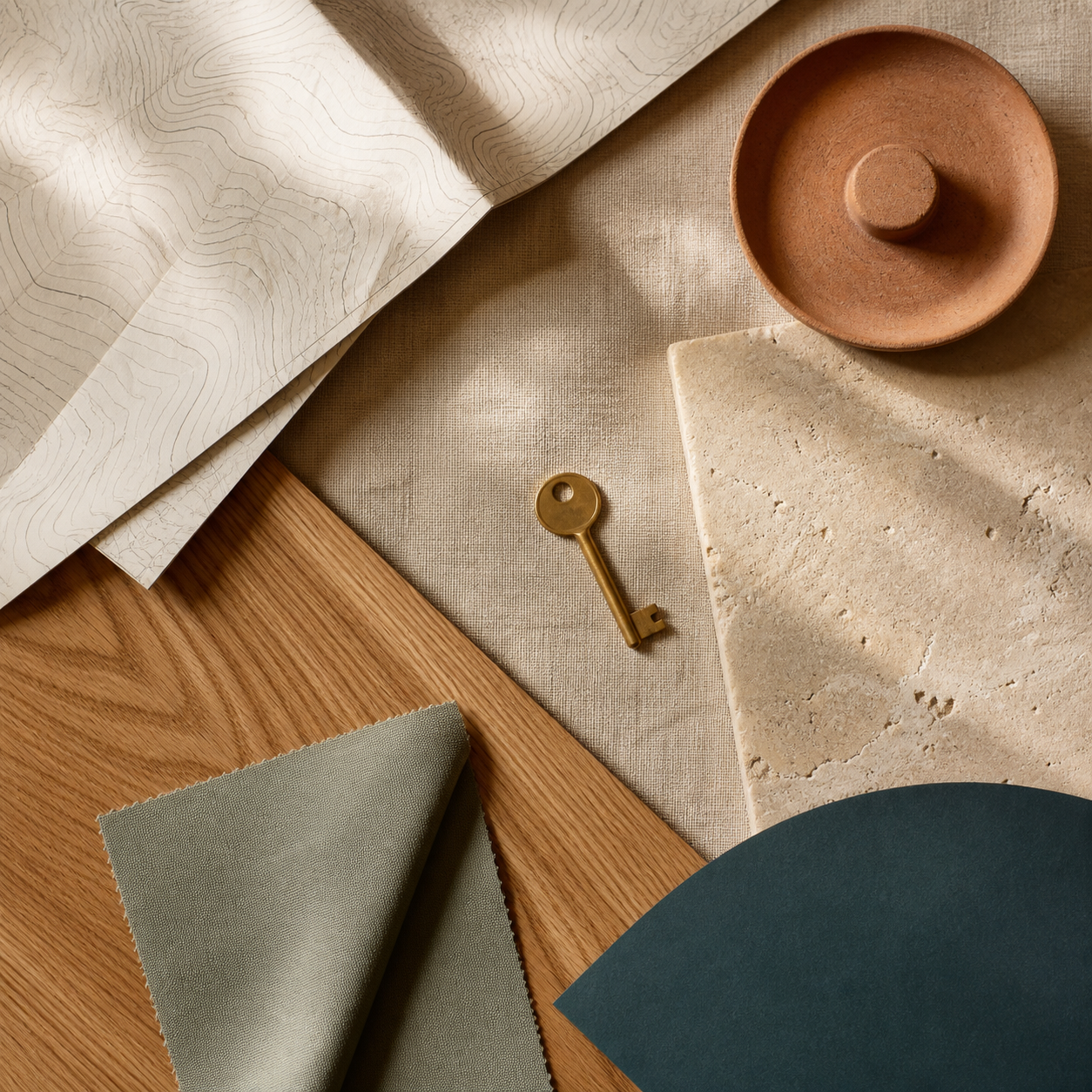 An editorial arrangement of a brass key, topographic paper, stone, wood, and fabric materials
